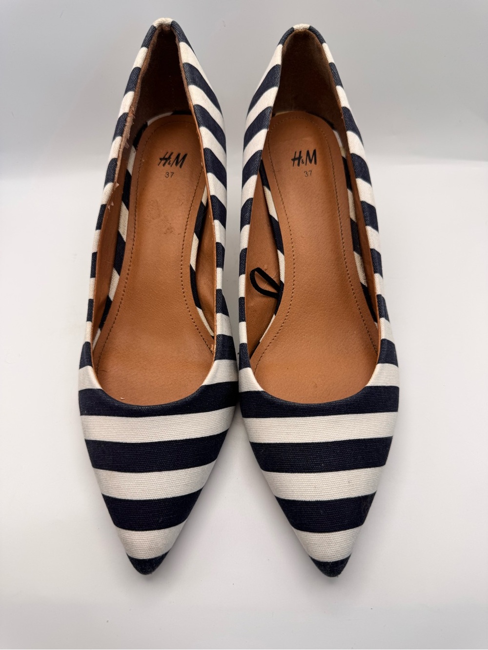 H&M Denim Blue & White Stripe Fabric High Heels Womens 6 Stiletto Pumps